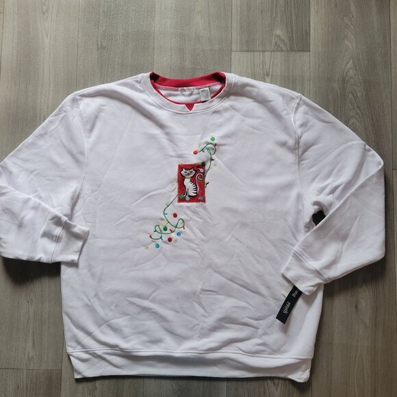 Ladies Holiday Sweatshirt With Cat Embroidery & Festive Design 2X - Picture 3 of 5